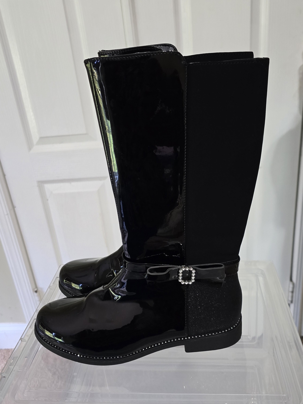 Childrens Place  Black Patent Knee-High Boots with Decorative Buckle